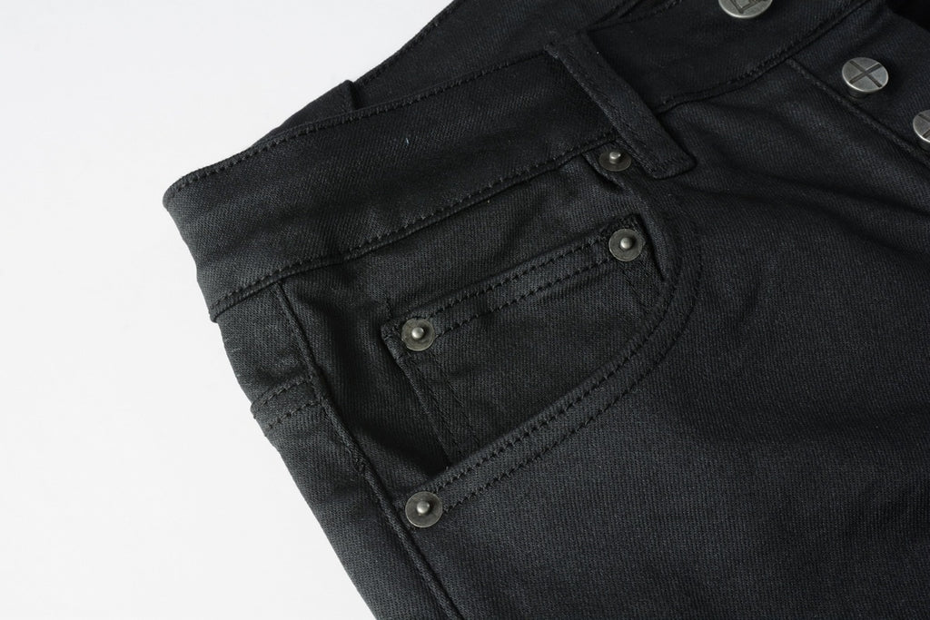 Men's Black Coated Embroidered Distressed Skinny Jeans - Stretch Denim