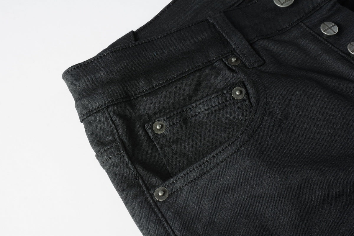 Men's Black Coated Embroidered Distressed Skinny Jeans - Stretch Denim