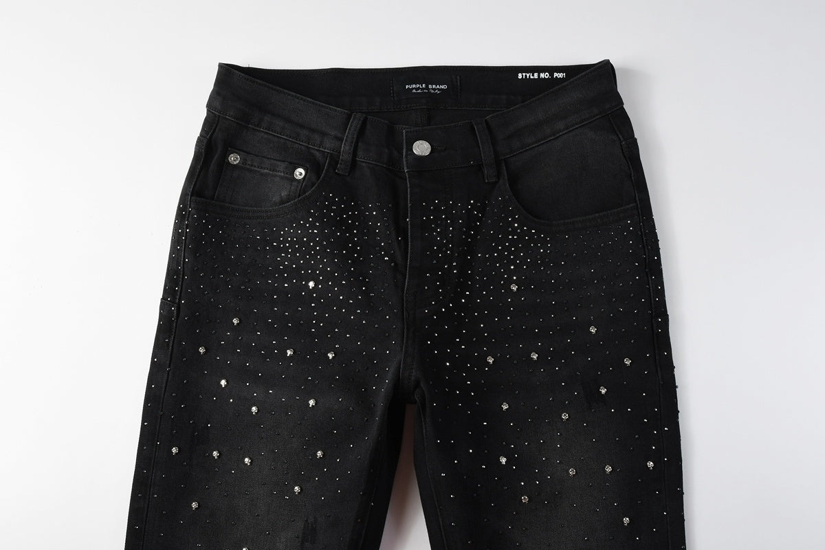 Men's Distressed Black Skinny Jeans with Ripped Holes, Rhinestones & Button Fly