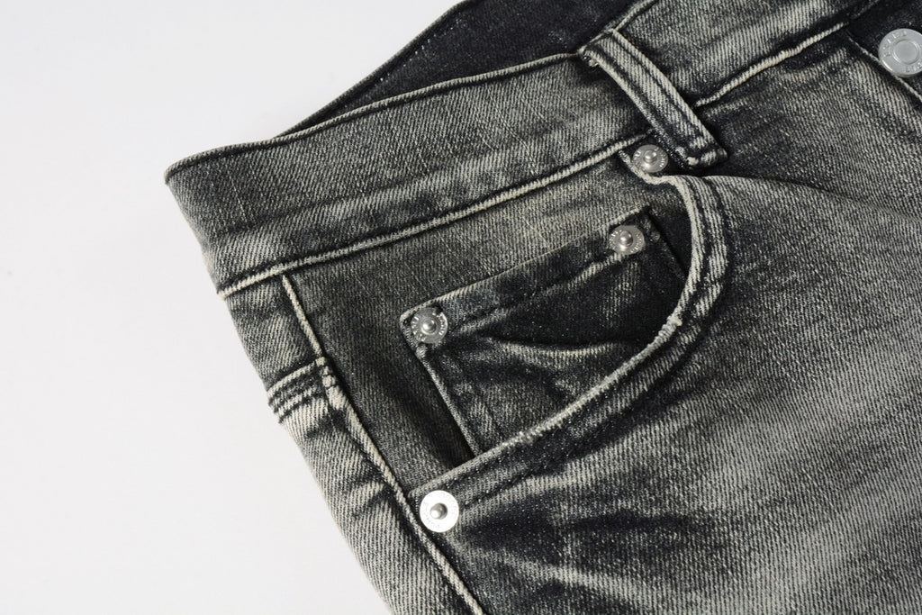 Men's High Street Distressed Ash Gray Skinny Jeans with Ripped Holes & Button Fly