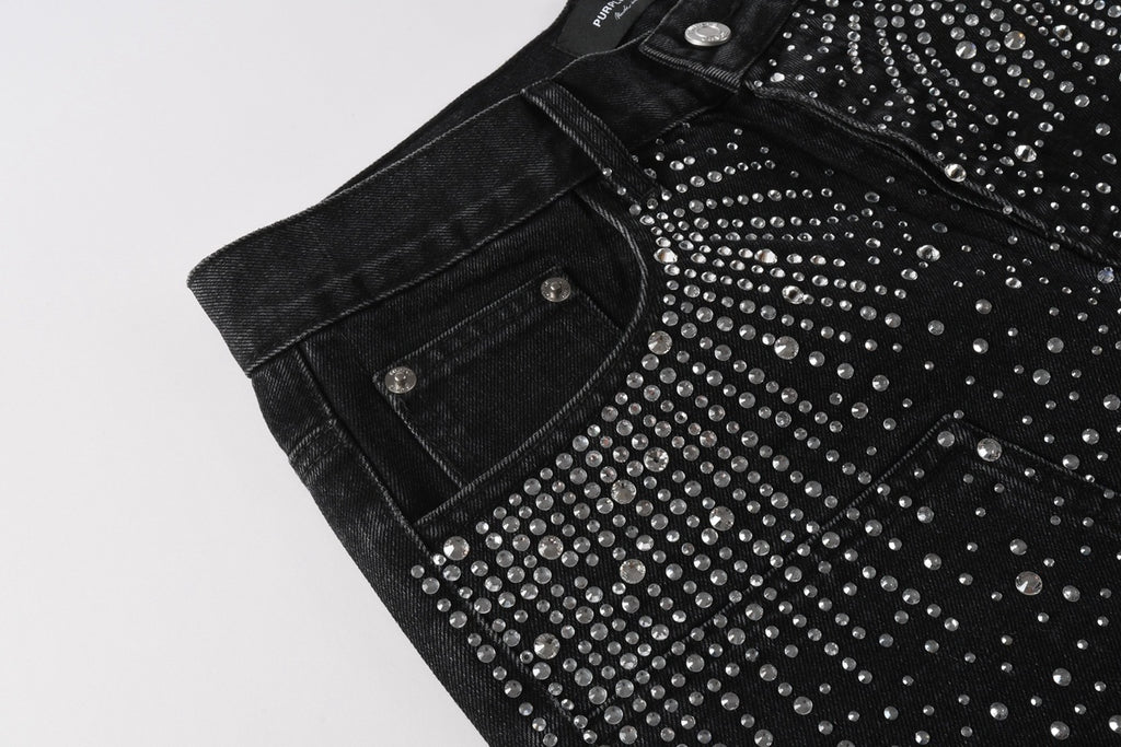 Men's Distressed Black Denim Shorts with Rhinestones, Ripped Holes & Loose Fit