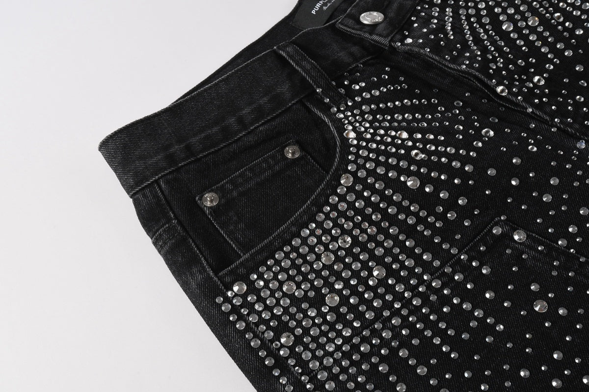 Men's Distressed Black Denim Shorts with Rhinestones, Ripped Holes & Loose Fit