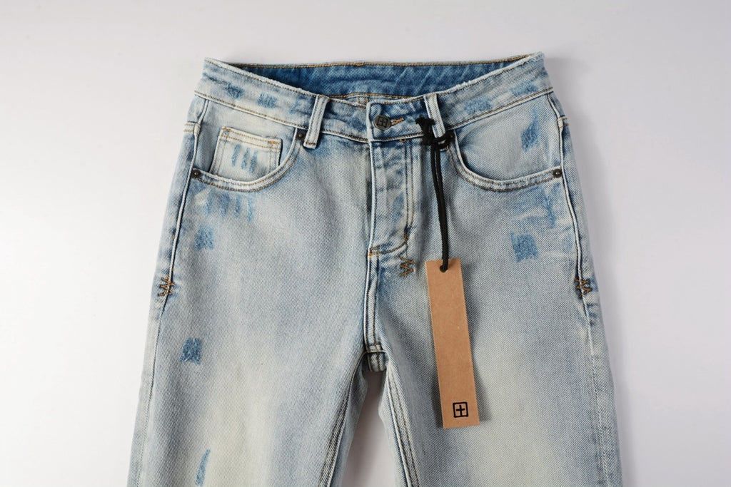 Men's Light Wash Artistic Patchwork Distressed Skinny Jeans - Stretch Denim