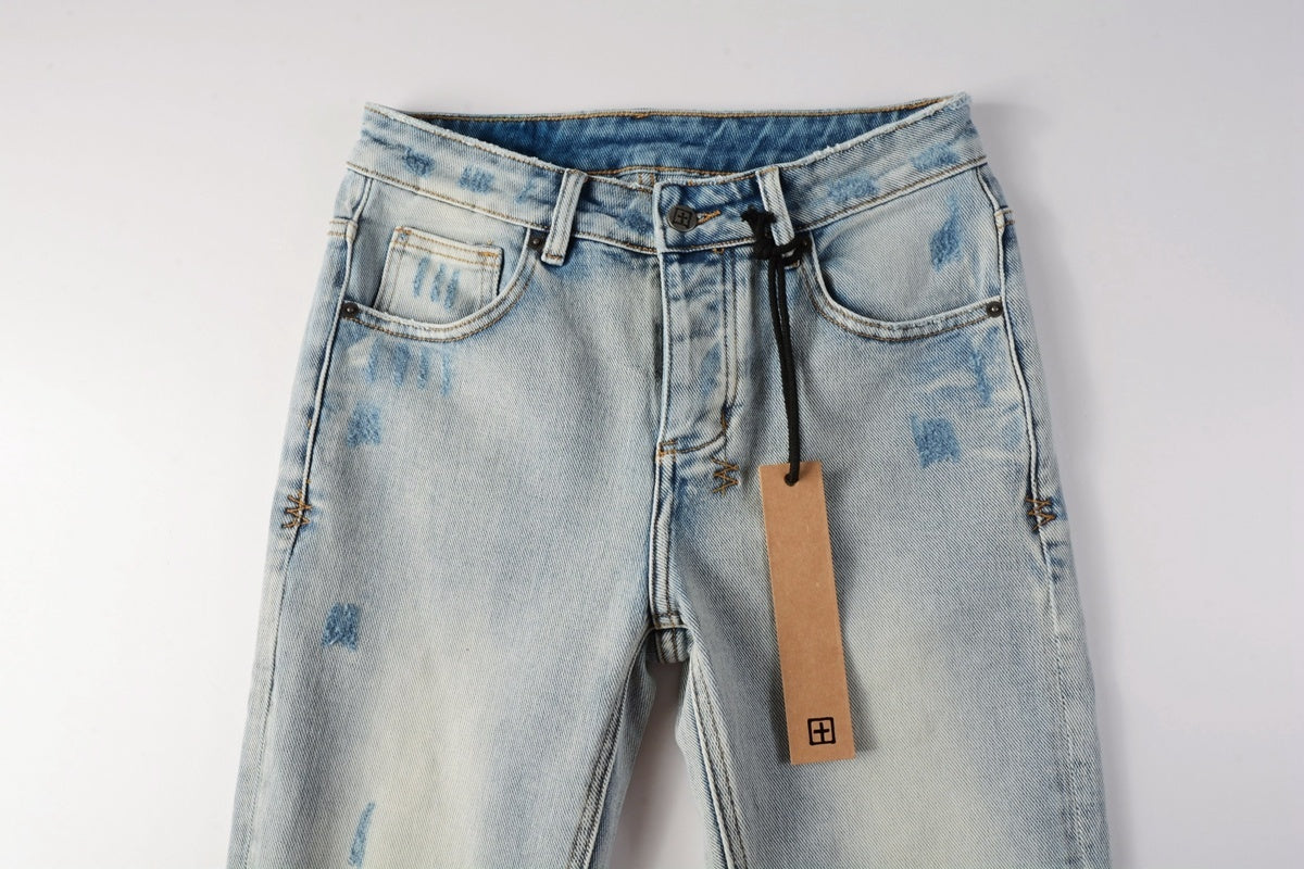 Men's Light Wash Artistic Patchwork Distressed Skinny Jeans - Stretch Denim
