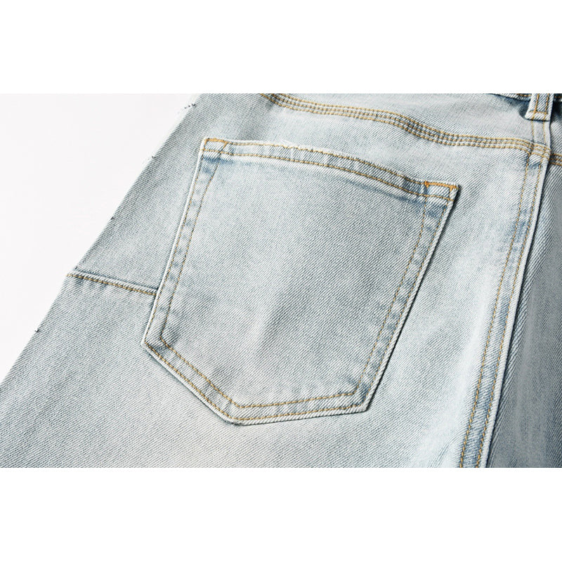 Men's Light Wash Sunburst Rhinestone Skinny Jeans | Streetwear Distressed Slim Fit Denim Pants