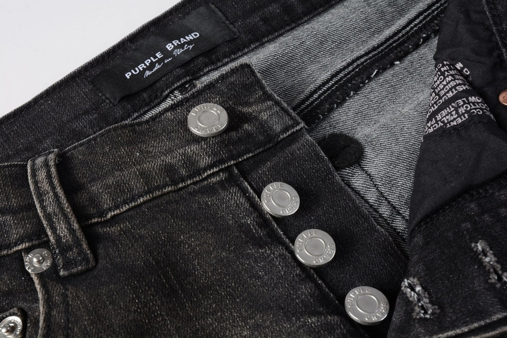 Men's Distressed Black Gray Patchwork Skinny Jeans with Ripped Holes & Button Fly