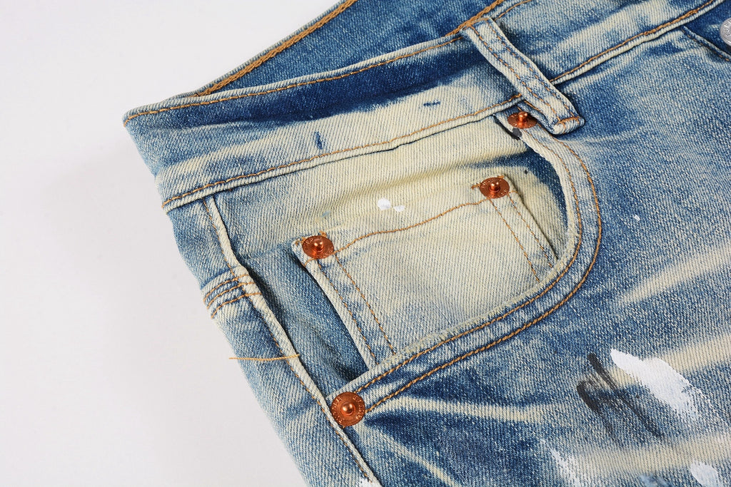 Men's High Street Distressed Blue Destroyed Hole Slim Fit Spray Paint Ripped Jeans