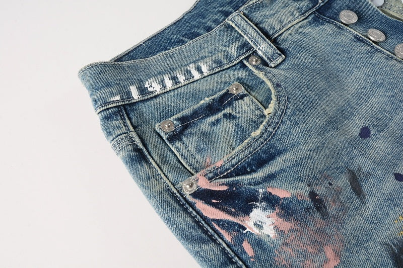 Men's Distressed Light Blue Graffiti Ripped Skinny Jeans with Button Fly & Damaged Holes
