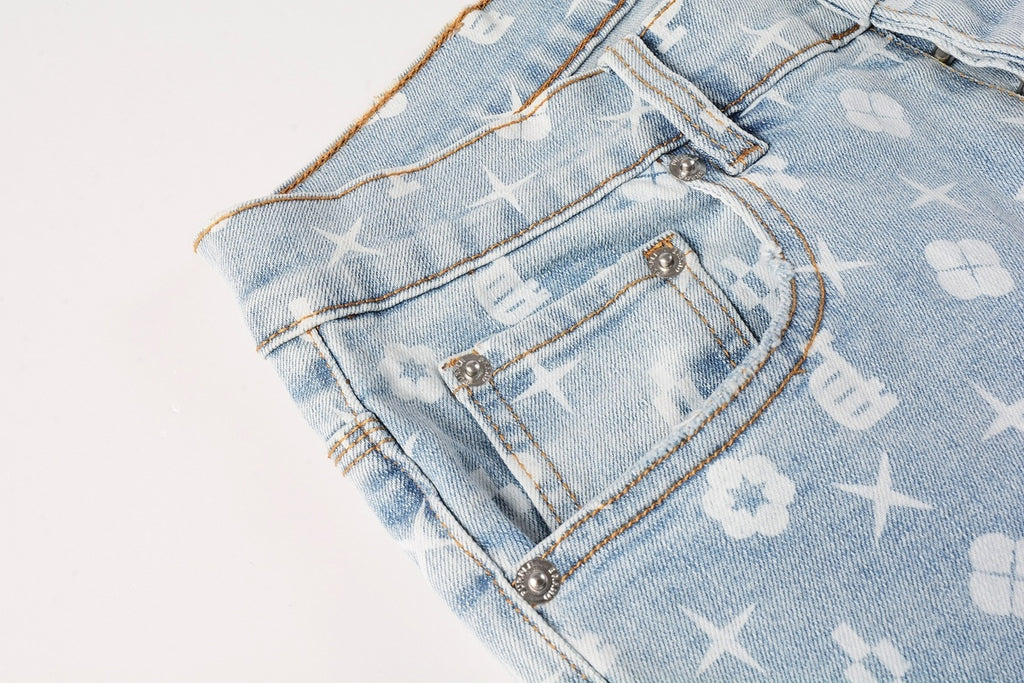 Men's Distressed Light Blue Skinny Jeans with Laser Print Patterns & Button Fly