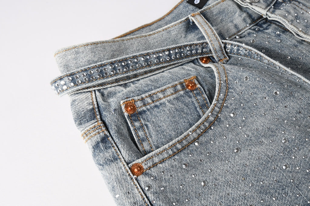 Men's Distressed Vintage Blue Denim Shorts with Rhinestones & Ripped Detailing