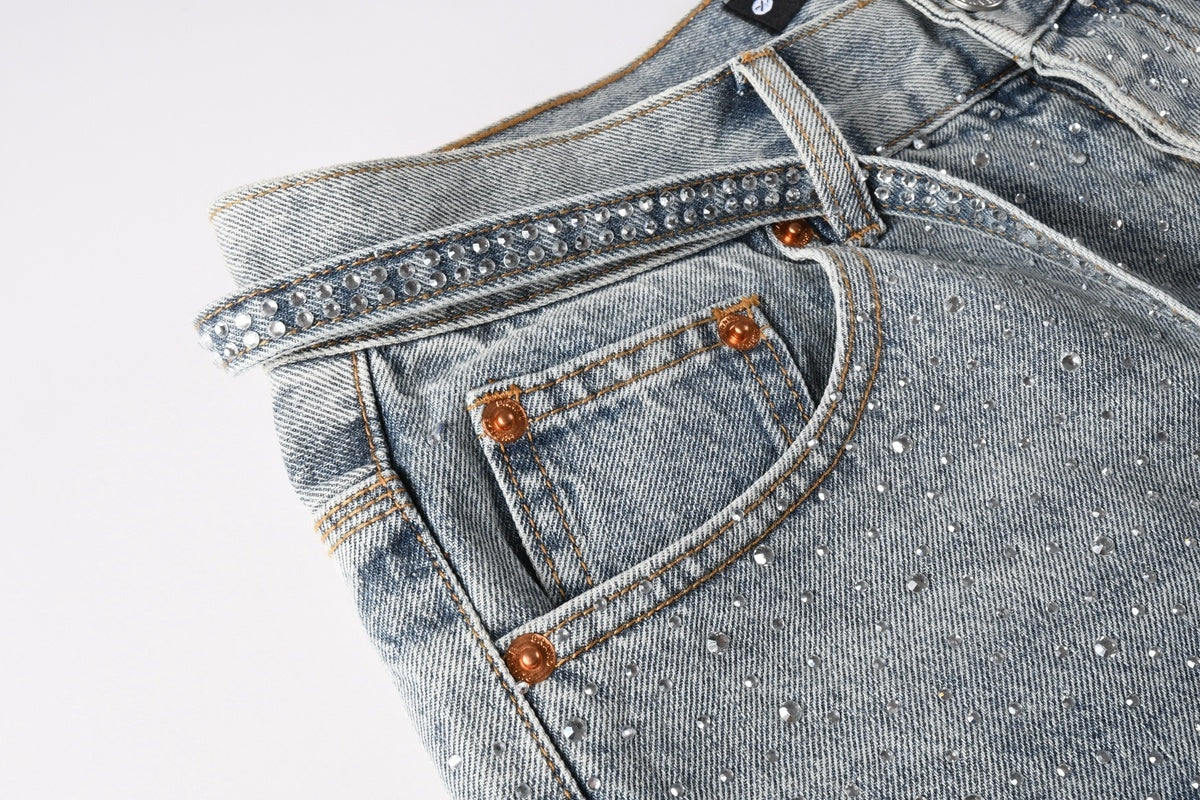 Men's Distressed Vintage Blue Denim Shorts with Rhinestones & Ripped Detailing