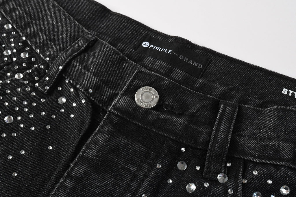Men's Distressed Black Denim Shorts with Rhinestones, Ripped Holes & Raw Hem