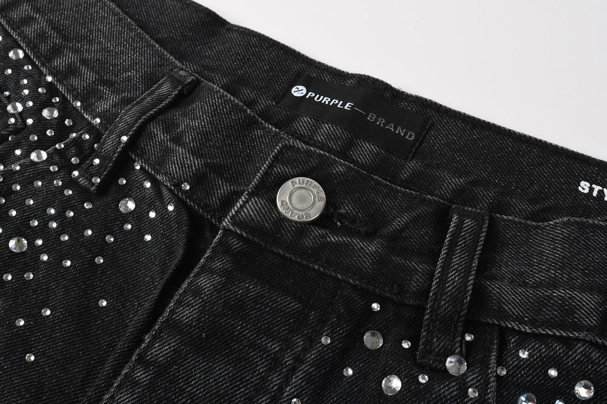 Men's Distressed Black Denim Shorts with Rhinestones, Ripped Holes & Raw Hem