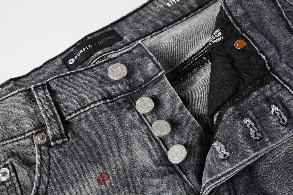 Men's Distressed Gray Graffiti Skinny Jeans with Ripped Holes & Button Fly