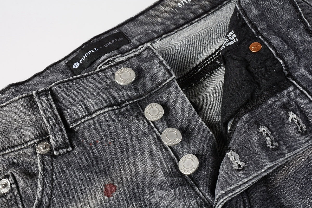 Men's Distressed Gray Graffiti Skinny Jeans with Ripped Holes & Button Fly