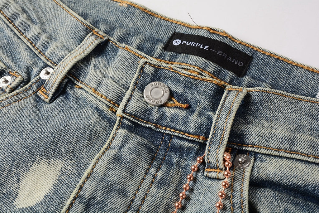 Men's Distressed Light Blue Graffiti Skinny Jeans with Ripped Holes & Button Fly