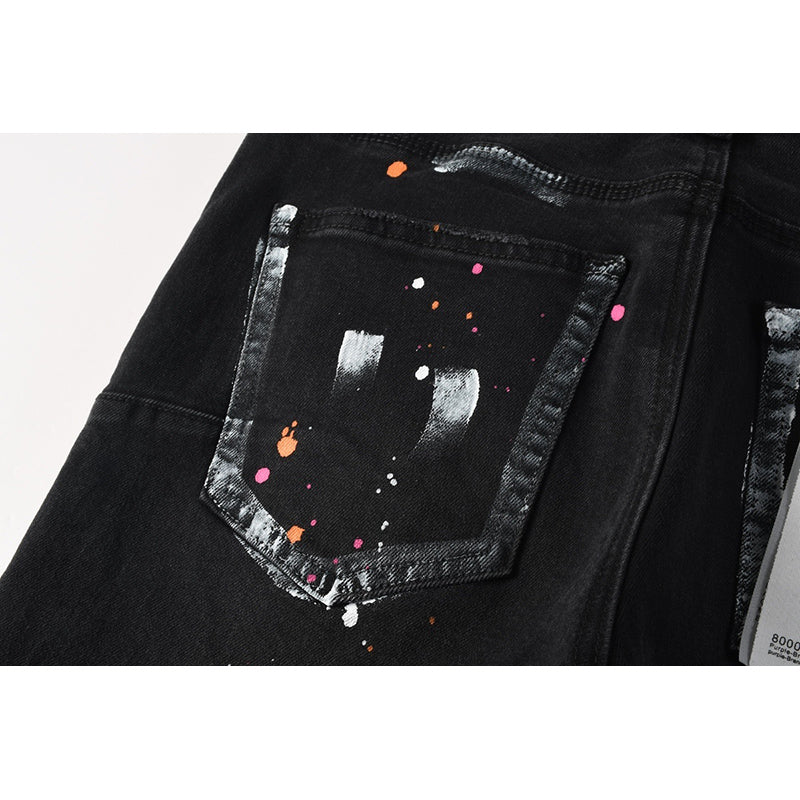 Men's Black Paint Splatter Distressed Skinny Jeans | Streetwear Ripped Slim Fit Denim Pants