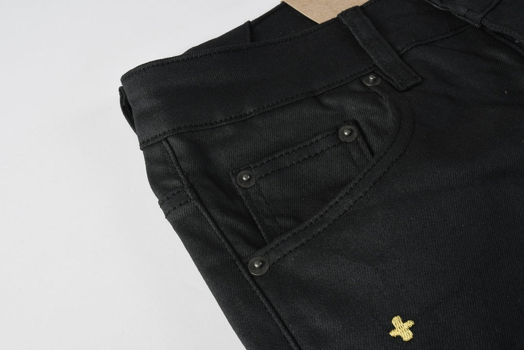 Men’s Black Waxed Skinny Jeans - Gold Studded Streetwear Denim
