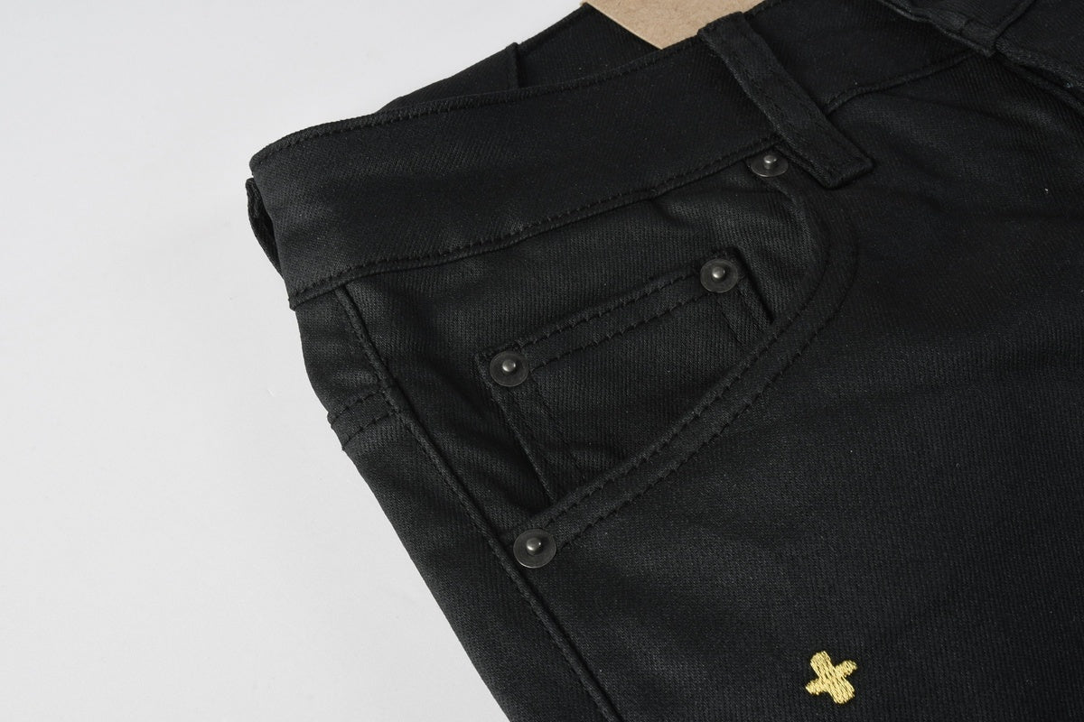 Men’s Black Waxed Skinny Jeans - Gold Studded Streetwear Denim