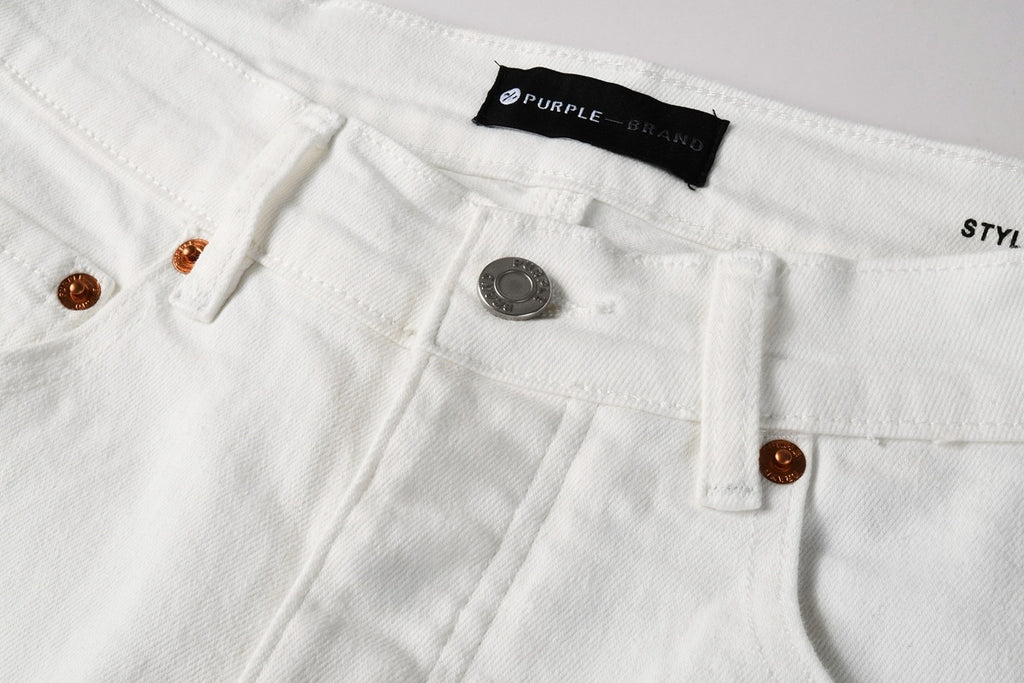 Men's Distressed White Skinny Jeans with Embroidered Patterns & Ripped Holes & Button Fly