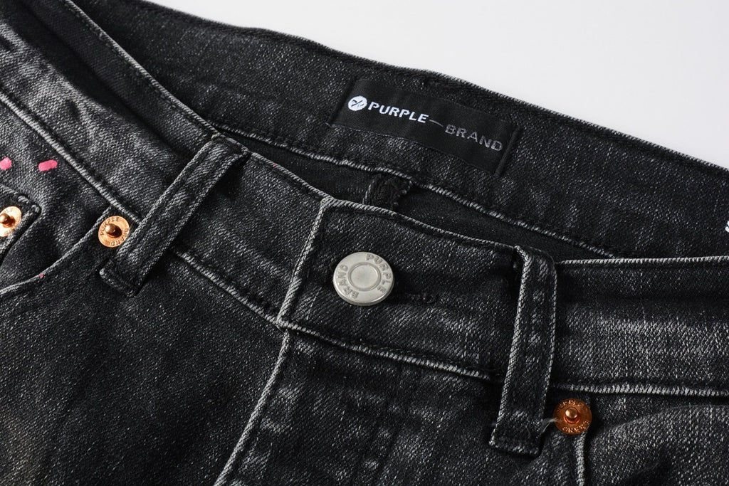 American Vintage Men's Distressed Dark Gray Skinny Jeans with Spray Paint & Ripped Holes