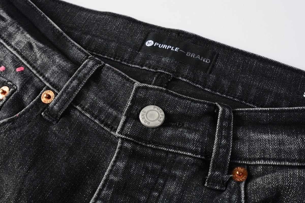 American Vintage Men's Distressed Dark Gray Skinny Jeans with Spray Paint & Ripped Holes