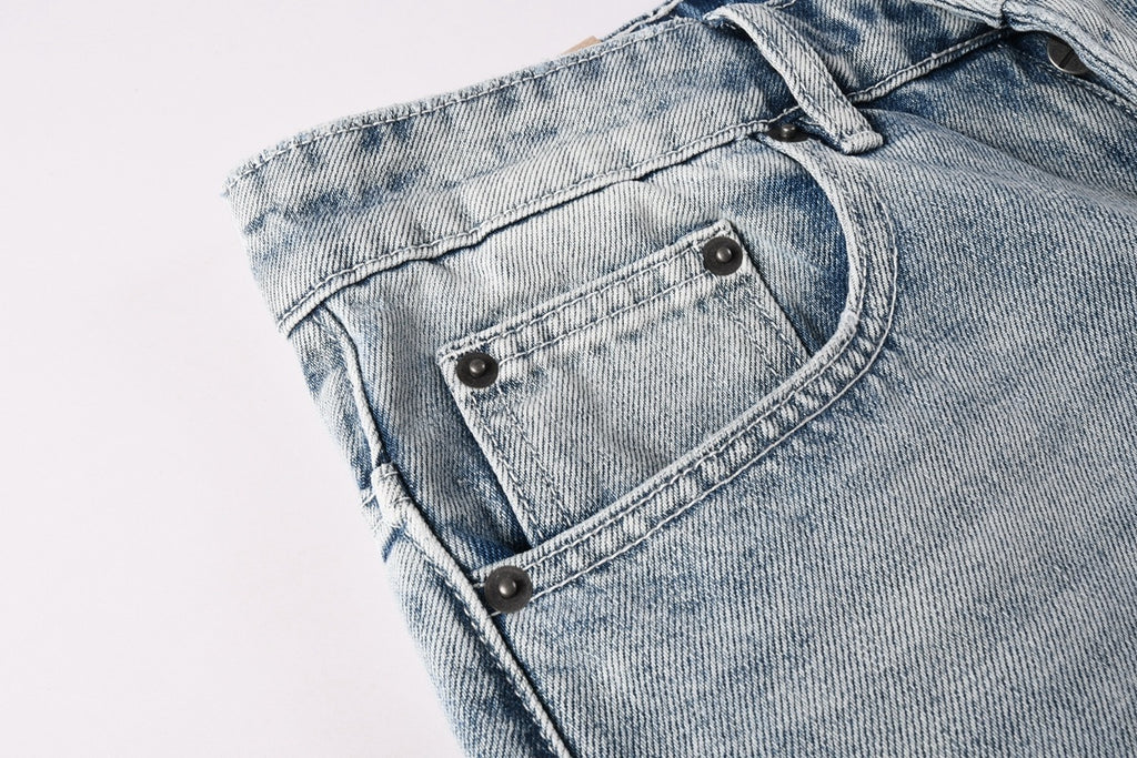 Men’s Light Wash Baggy Jeans - Cross Embroidered Loose Denim