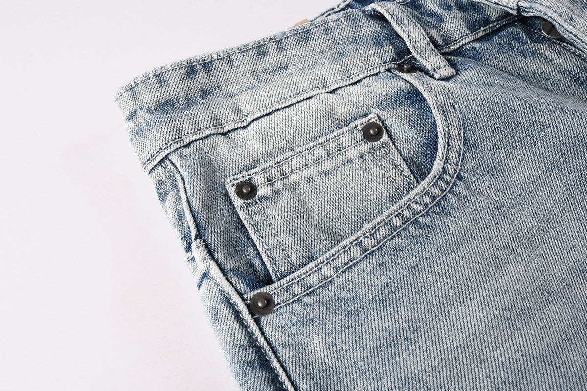Men’s Light Wash Baggy Jeans - Cross Embroidered Loose Denim