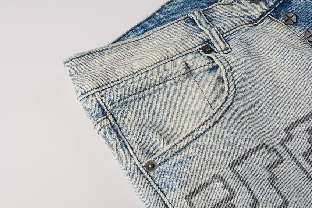 Men's Light Wash Graphic Print Distressed Skinny Jeans - Stretch Denim