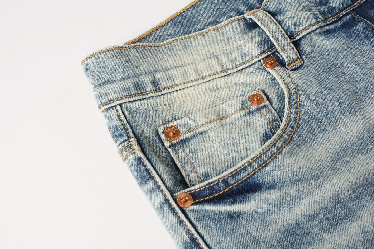 Men's Distressed Light Blue Slim Fit Patchwork Skinny Jeans with Ripped Holes & Button Fly