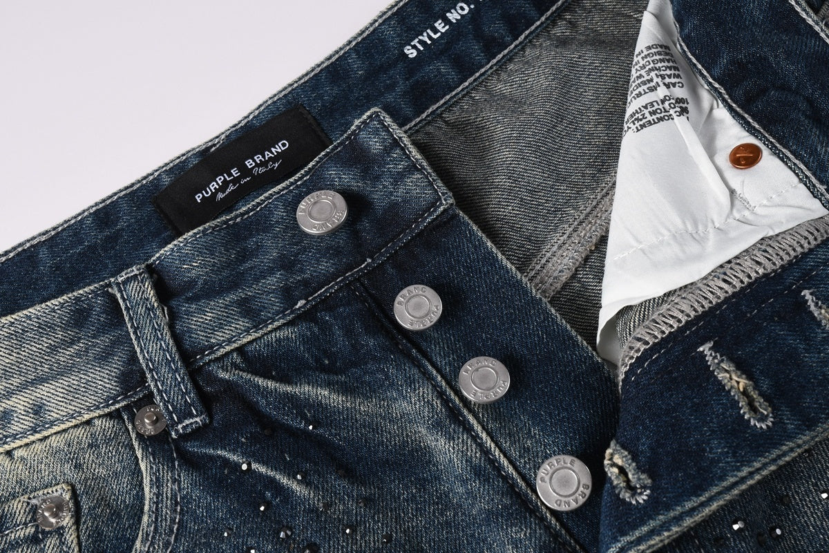 High Street Distressed Blue Rhinestones Baggy Jeans - Loose Ripped Jeans