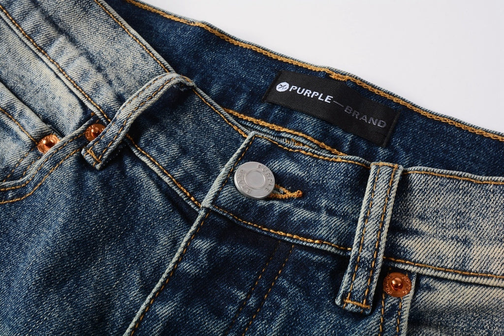 Men's Distressed Dark Blue Skinny Jeans with Button Fly & Ripped Detailing