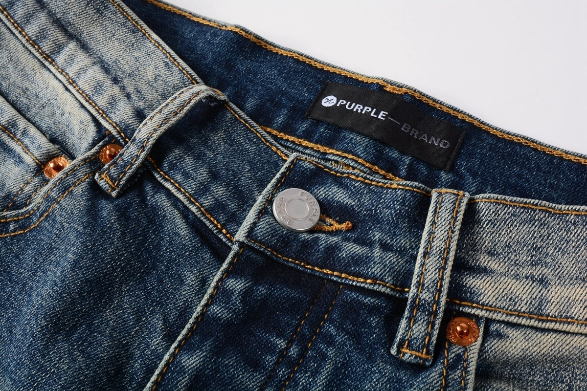 Men's Distressed Dark Blue Skinny Jeans with Button Fly & Ripped Detailing