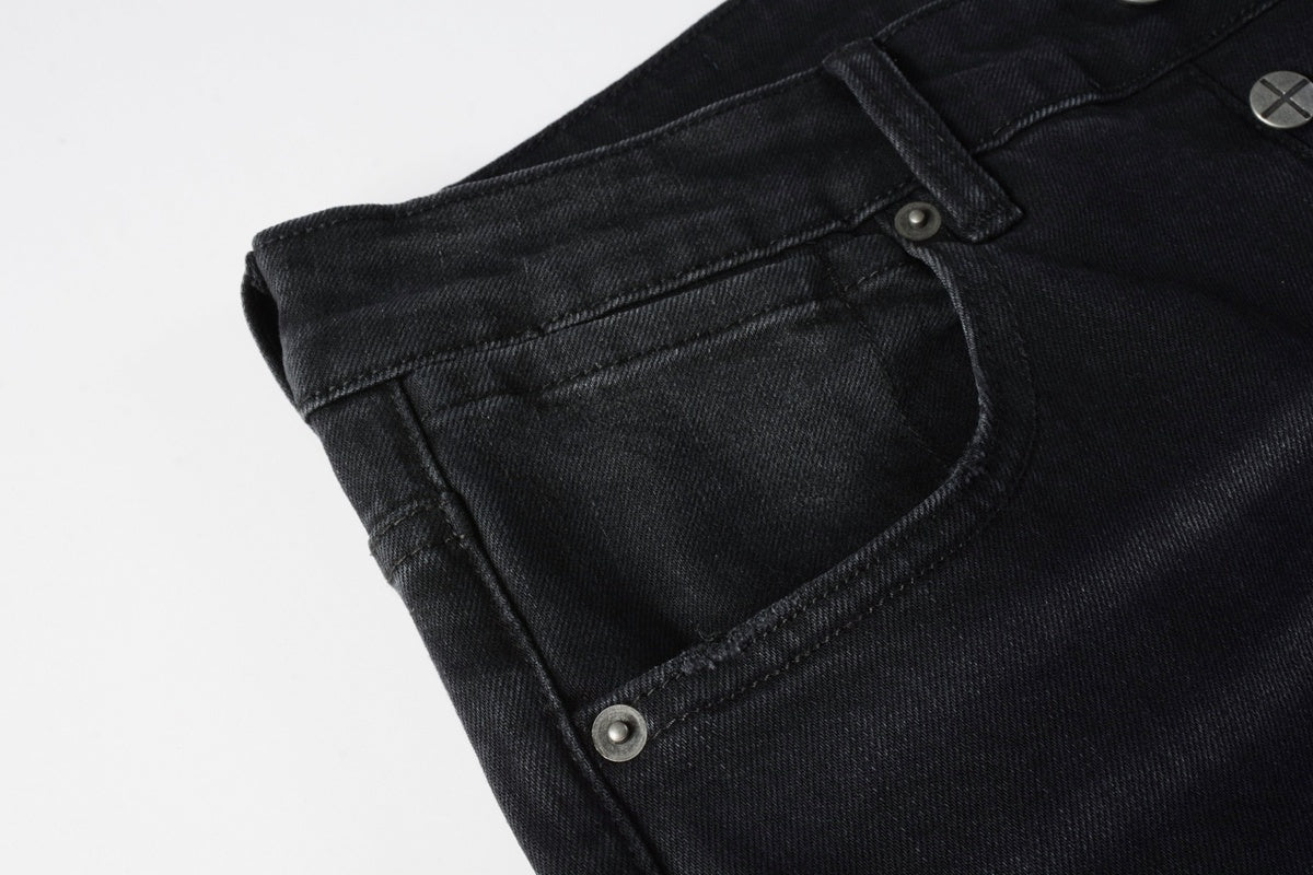 Men's Black Wash Cross-Studded Distressed Skinny Jeans - Stretch Denim