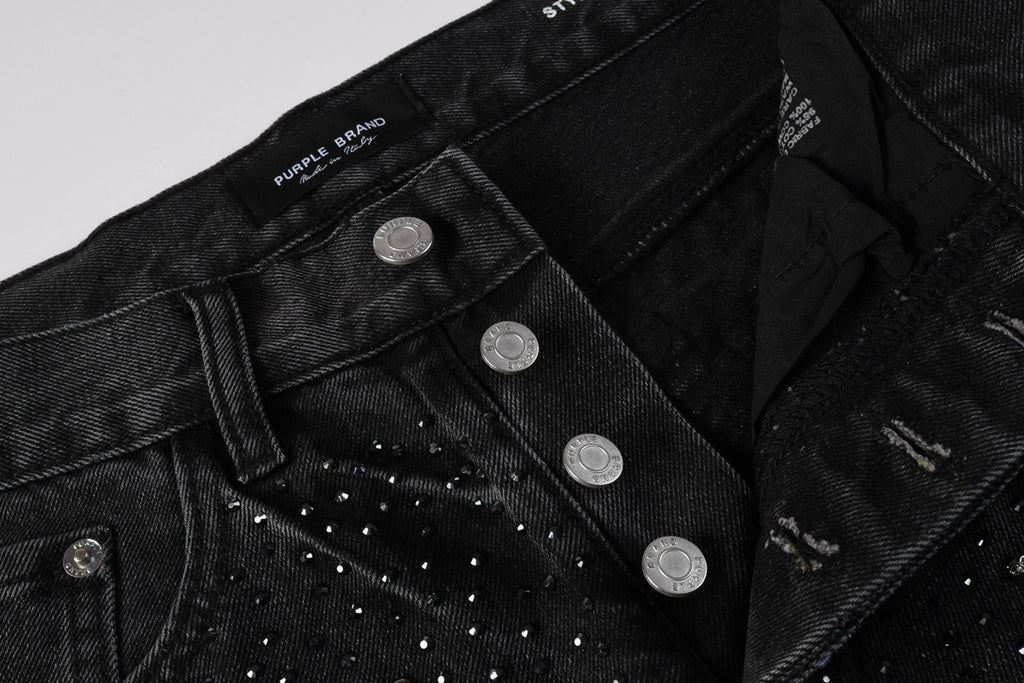 Men's High Street Fashion Black Distressed Baggy Jeans with Rhinestone Detailing & Loose Fit