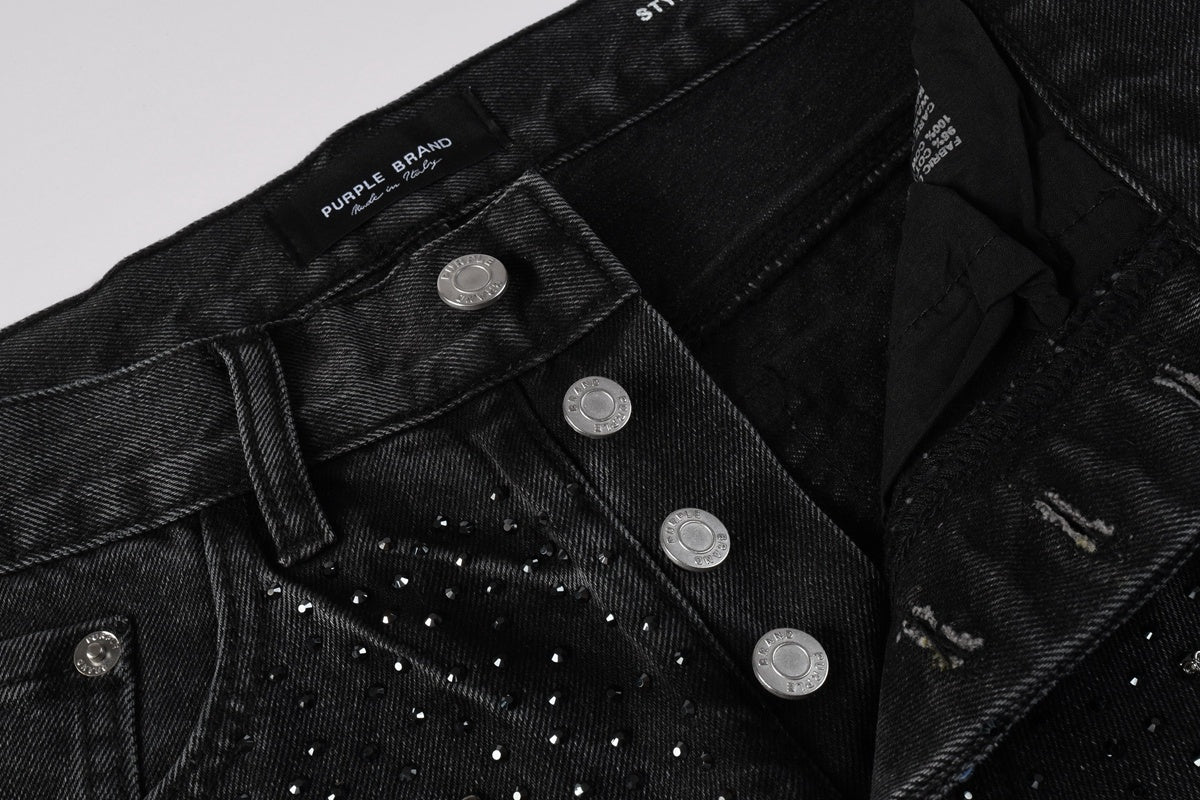 Men's High Street Fashion Black Distressed Baggy Jeans with Rhinestone Detailing & Loose Fit