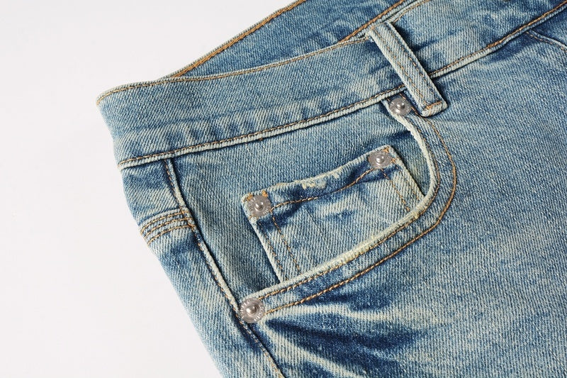 Slim Fit American Men's Distressed Blue Skinny Jeans with Ripped Holes & Button Fly