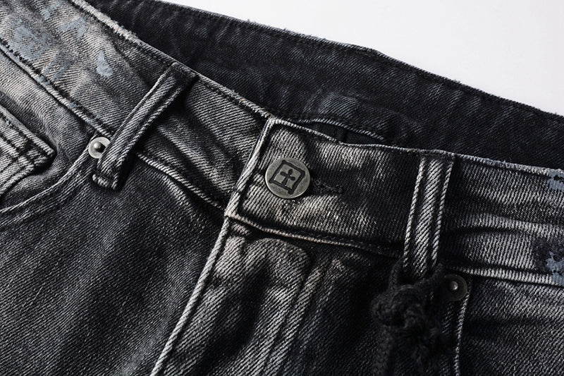 Men's Black Gray Washed Distressed Skinny Jeans - Streetwear Ripped Denim Pants