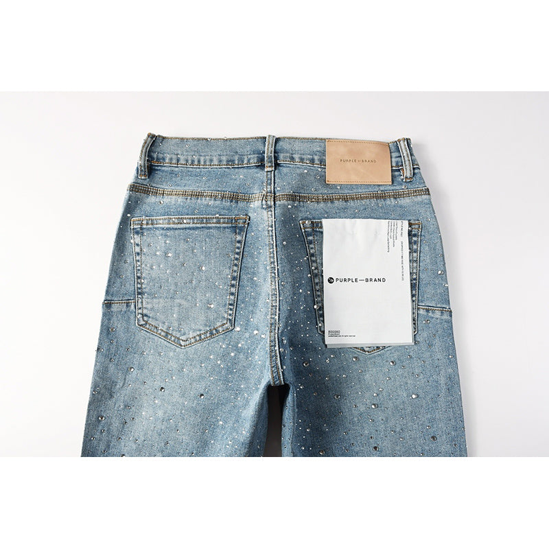 Men's Light Wash All-Over Rhinestone Skinny Jeans | Streetwear Slim Fit Embellished Denim Pants