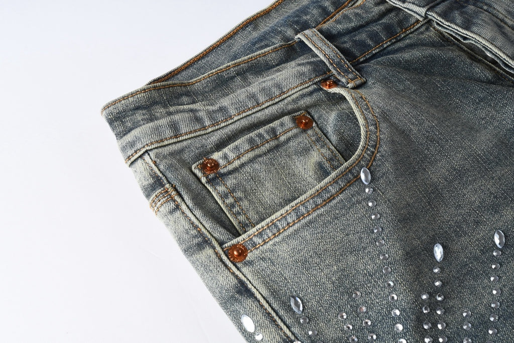 Men's Washed Blue Skinny Jeans with Ripped Holes, Rhinestones & Button Fly