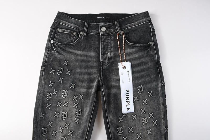 Men's Black Washed Embroidered Cross & Logo Skinny Jeans | Streetwear Slim Fit Denim Pants