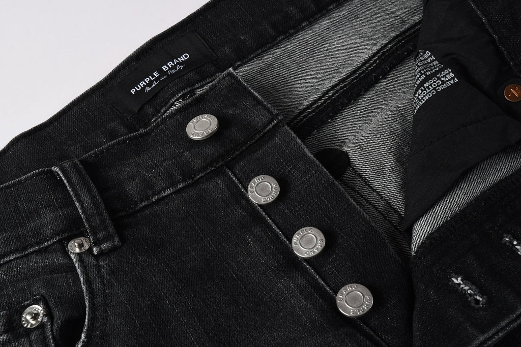 Men's Distressed Black Gray Skinny Jeans with Patchwork, Ripped Holes & Button Fly
