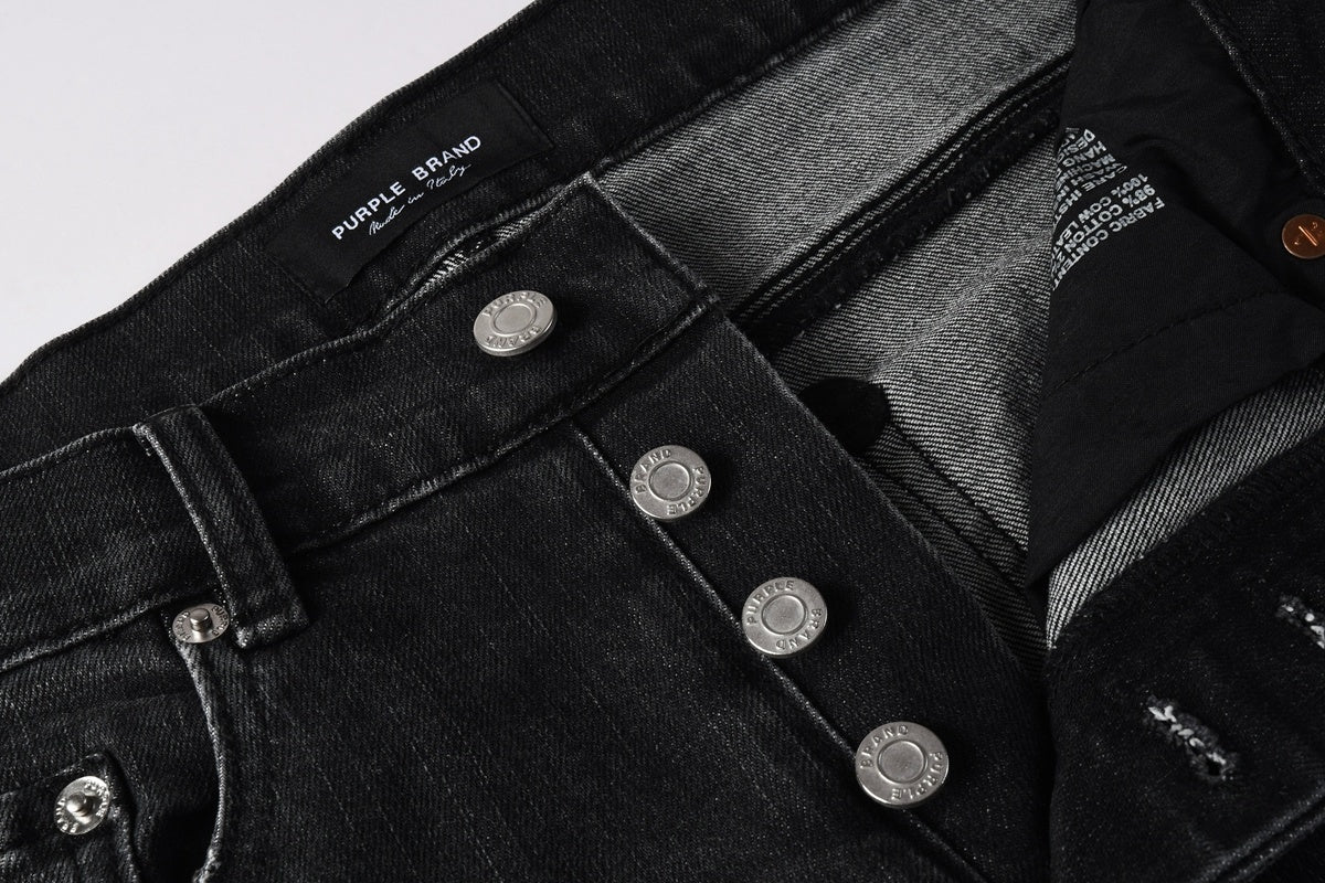 Men's Distressed Black Gray Skinny Jeans with Patchwork, Ripped Holes & Button Fly