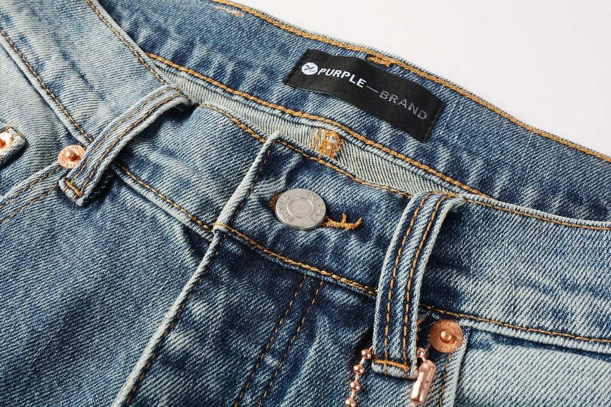 Men's Slim Fit Distressed Blue Graffiti Skinny Jeans with Ripped Holes & Button Fly