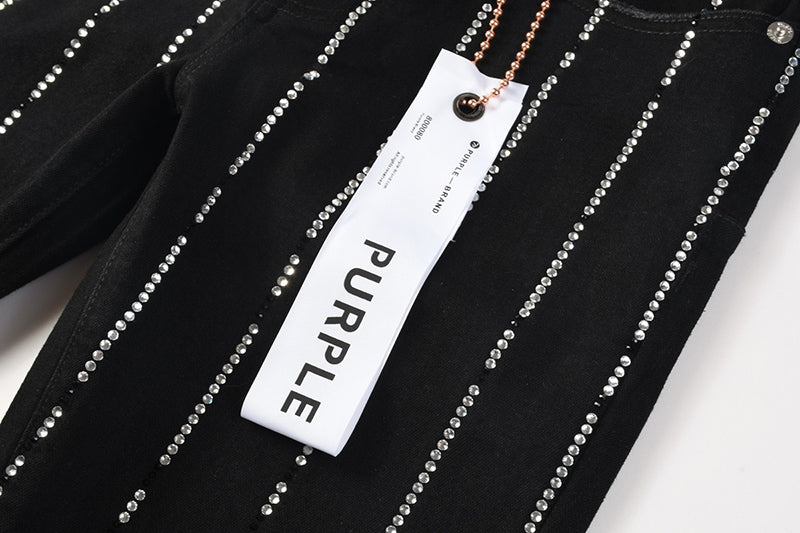 Men's Black Vertical Rhinestone Striped Skinny Jeans | Streetwear Slim Fit Denim Pants