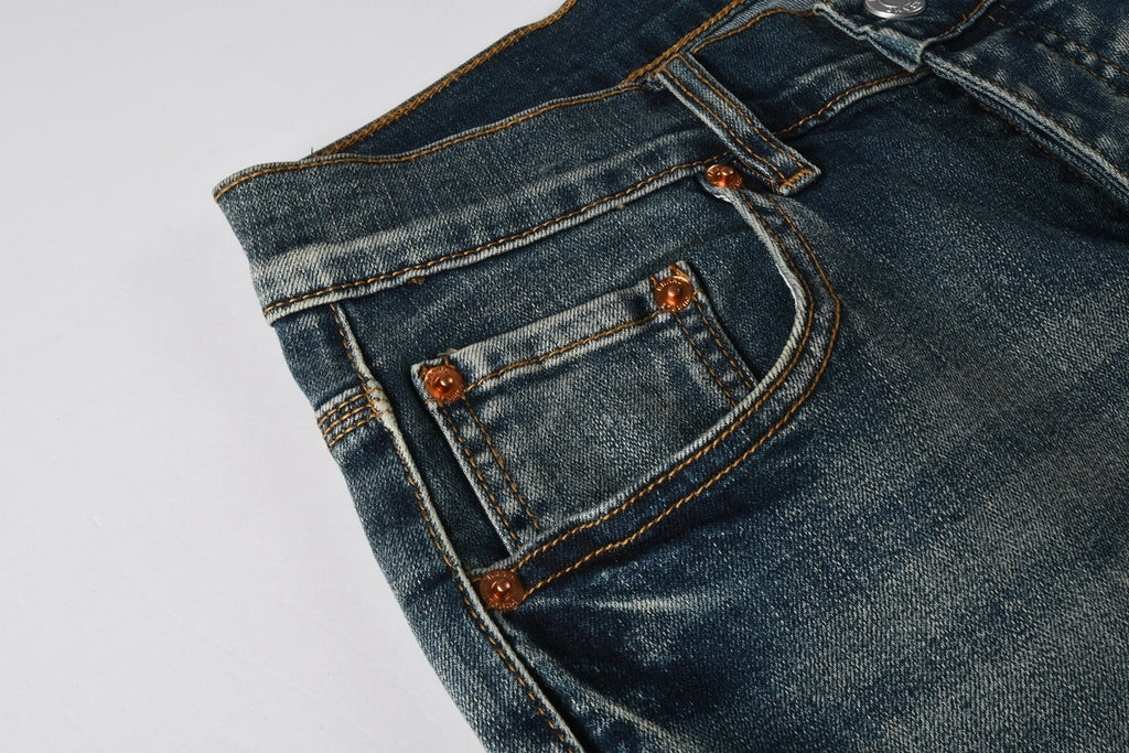 Men's Distressed Blue Skinny Jeans with Devil Suture Design & Ripped Holes & Button Fly