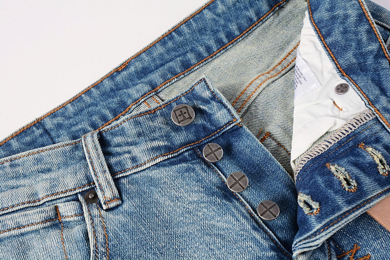 Men’s Ksubi Style Light Blue Patchwork Distressed Skinny Jeans Streetwear Denim