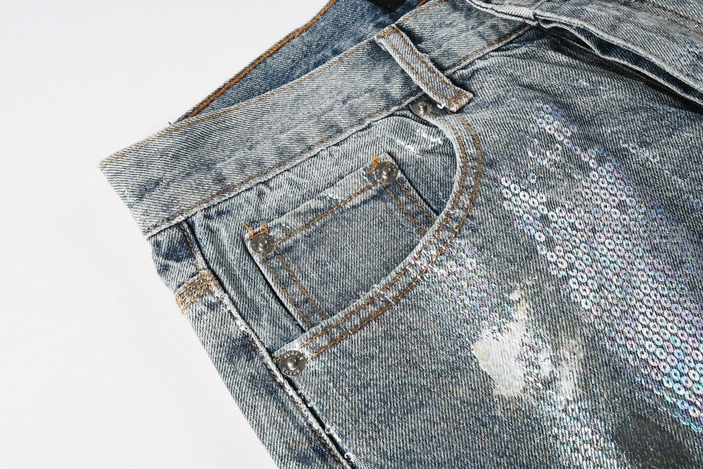Men's & Women's Distressed Blue Baggy Jeans with Graffiti Design & Stretch Fit