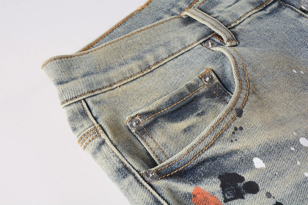Men's Slim Fit Distressed Washed Light Blue Graffiti Jeans with Ripped Holes & Button Fly
