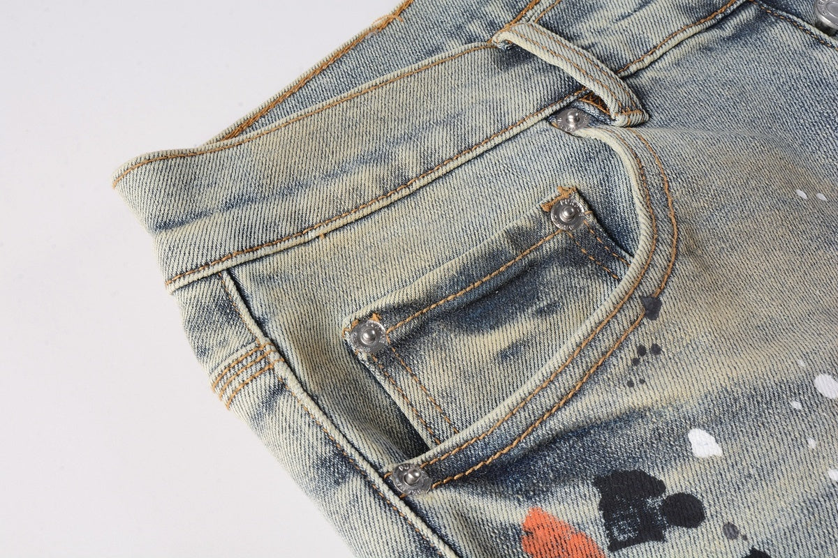 Men's Slim Fit Distressed Washed Light Blue Graffiti Jeans with Ripped Holes & Button Fly